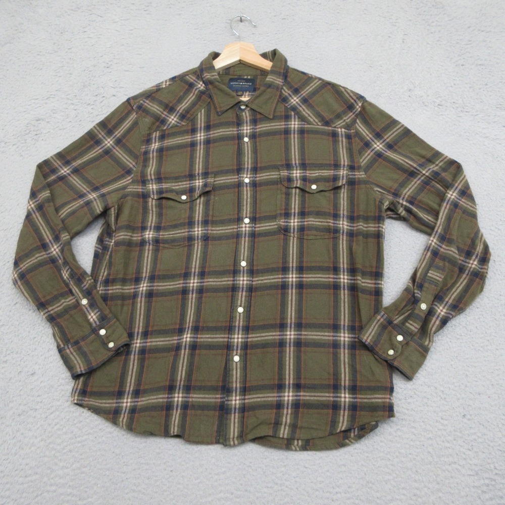 Lucky Brand Plaid Flannel Shirt Men L Green Snap Front Western Workwear Heritage